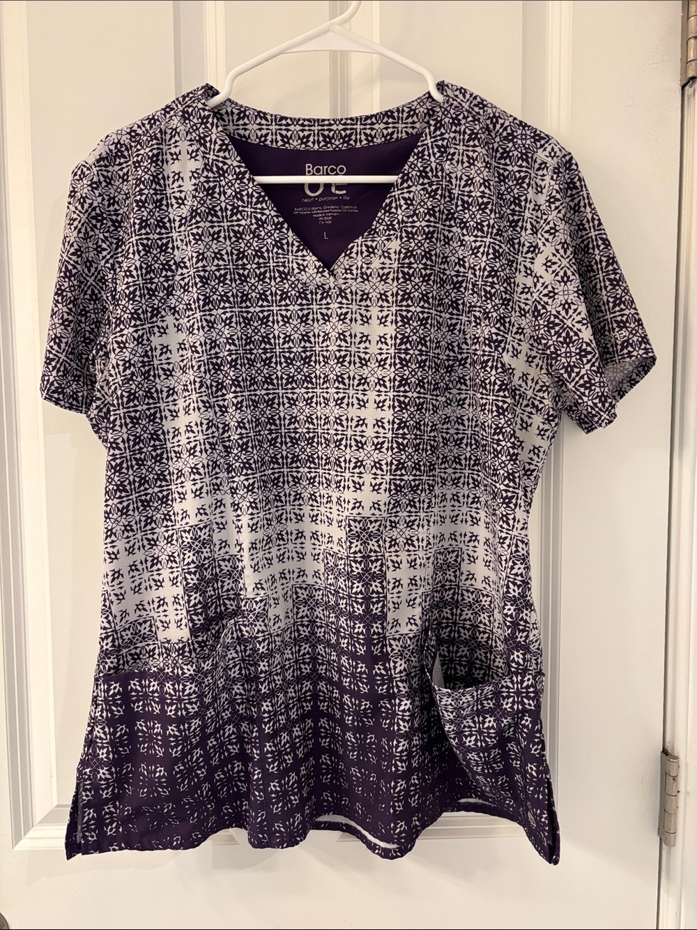Barco Uniforms Purple Patterned V-Neck Scrub Top